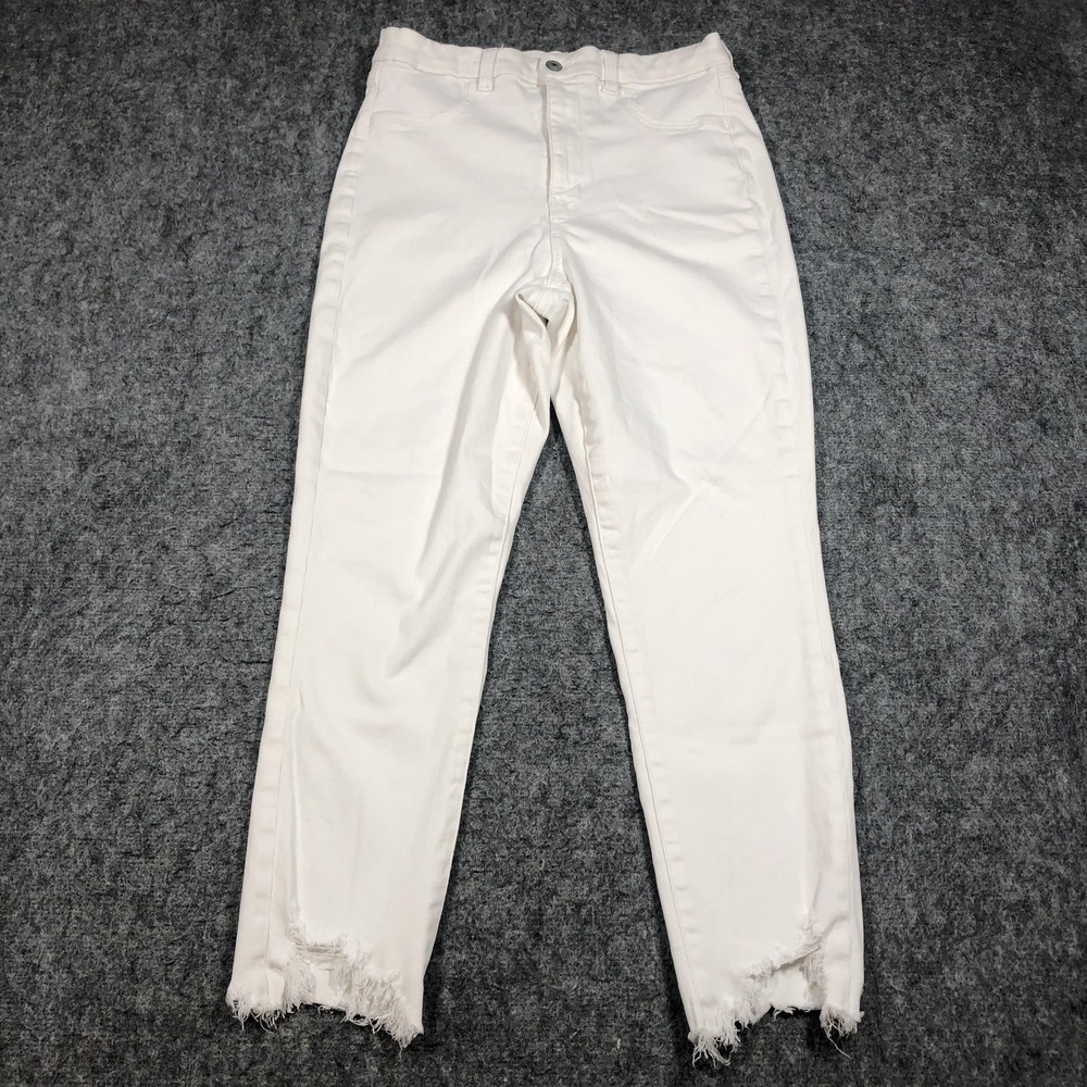 American Eagle Curvy Super Hi-Rise Jegging Crop Jeans Womens 12 White Frayed Hem